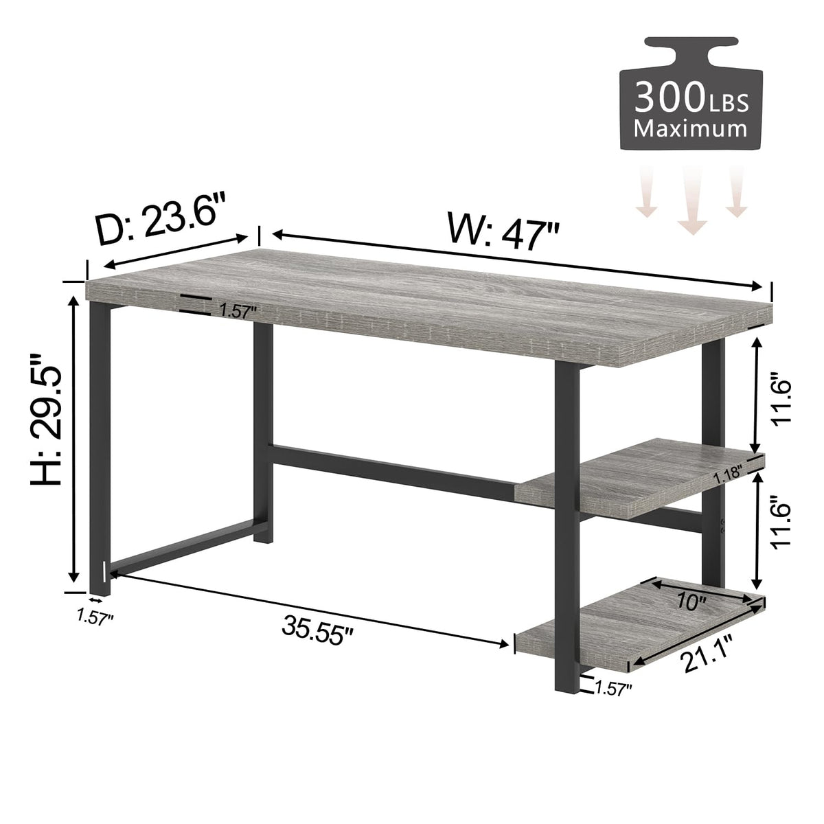 FOLUBAN 47 Inch Home Office Desk, Modern Computer Desk with Storage Shelves, Small Study Writing Gaming Table Workstation for Living Room Bedroom, Industrial Light Grey