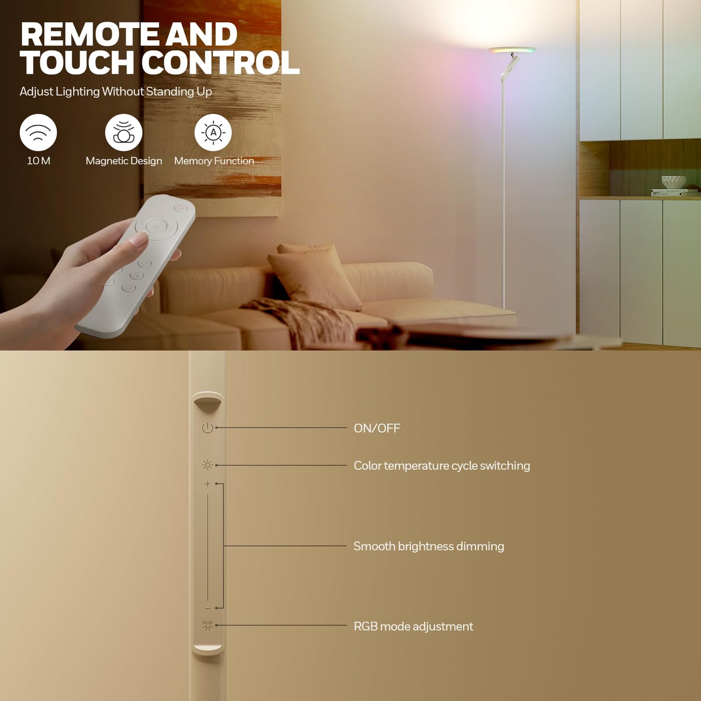 Honeywell 3000LM LED Floor Lamp, Torchiere Floor Lamps with Remote Control, F2 Sunturalux™ 40W Eye-Caring Reading Light, 2700-5000K 6 RGB Modes RGB Standing Lamp for Bedroom Living Room Office White