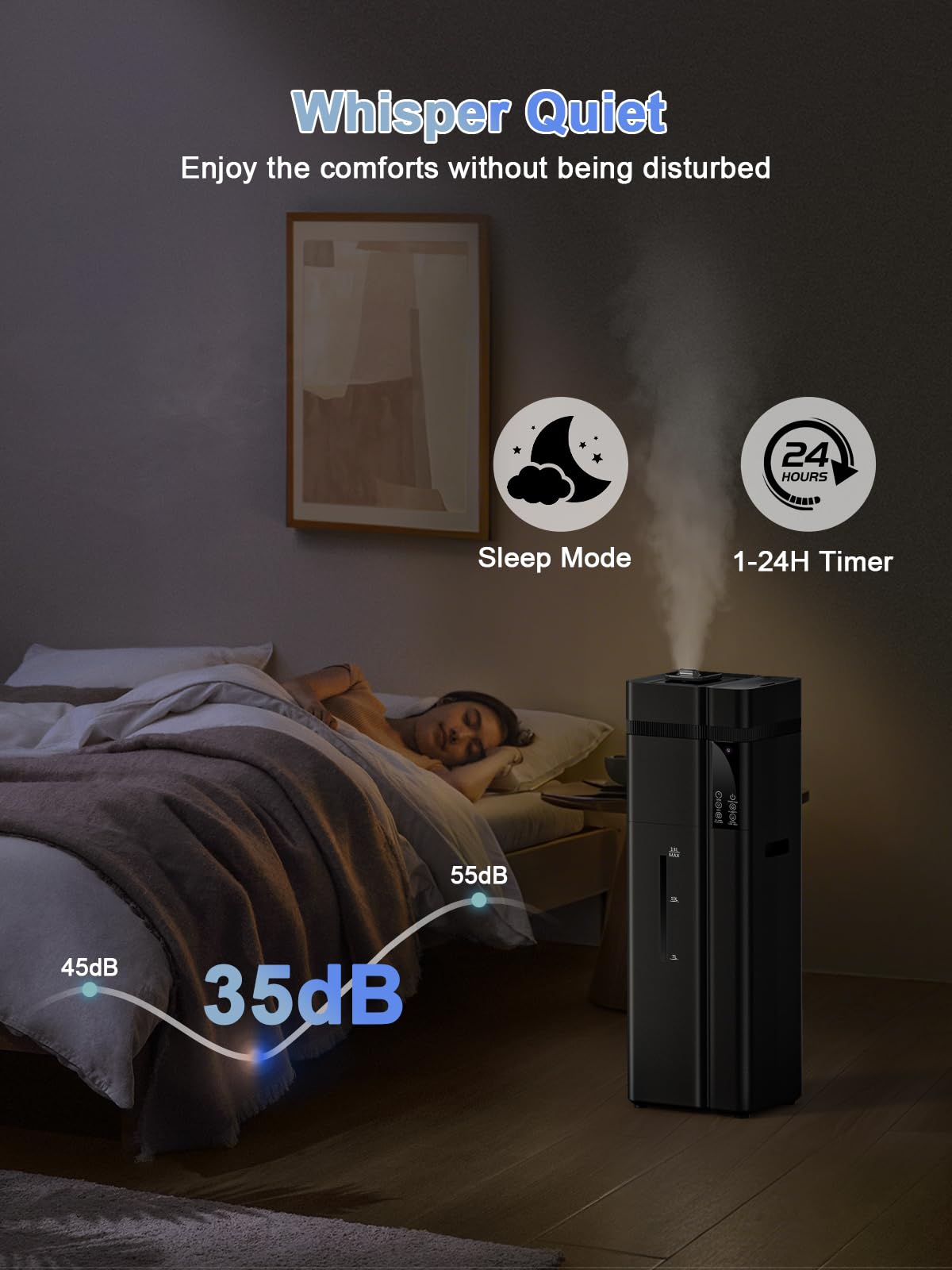 Zeova 13L/3.4Gal Humidifiers for Bedroom, Ultrasonic Warm & Cool Mist Humidifier Large Room, Covers 800ft², 72H Runtime, 24H Timer, 3 Mist Modes Top Fill Quiet Humidifiers for Home, Office, Black
