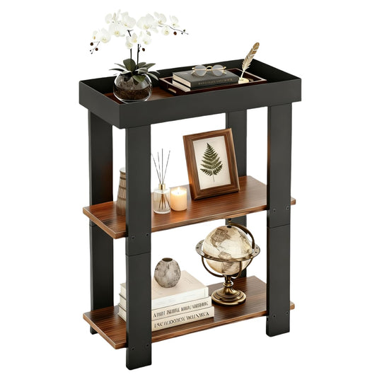 ZEXVIDA Narrow Side Table, 3-Tier Side Table, Rustic Farmhouse Narrow End Table with Storage, Slim Table Nightstand for Small Spaces, Bedroom or Living Room (Rustic Brown)