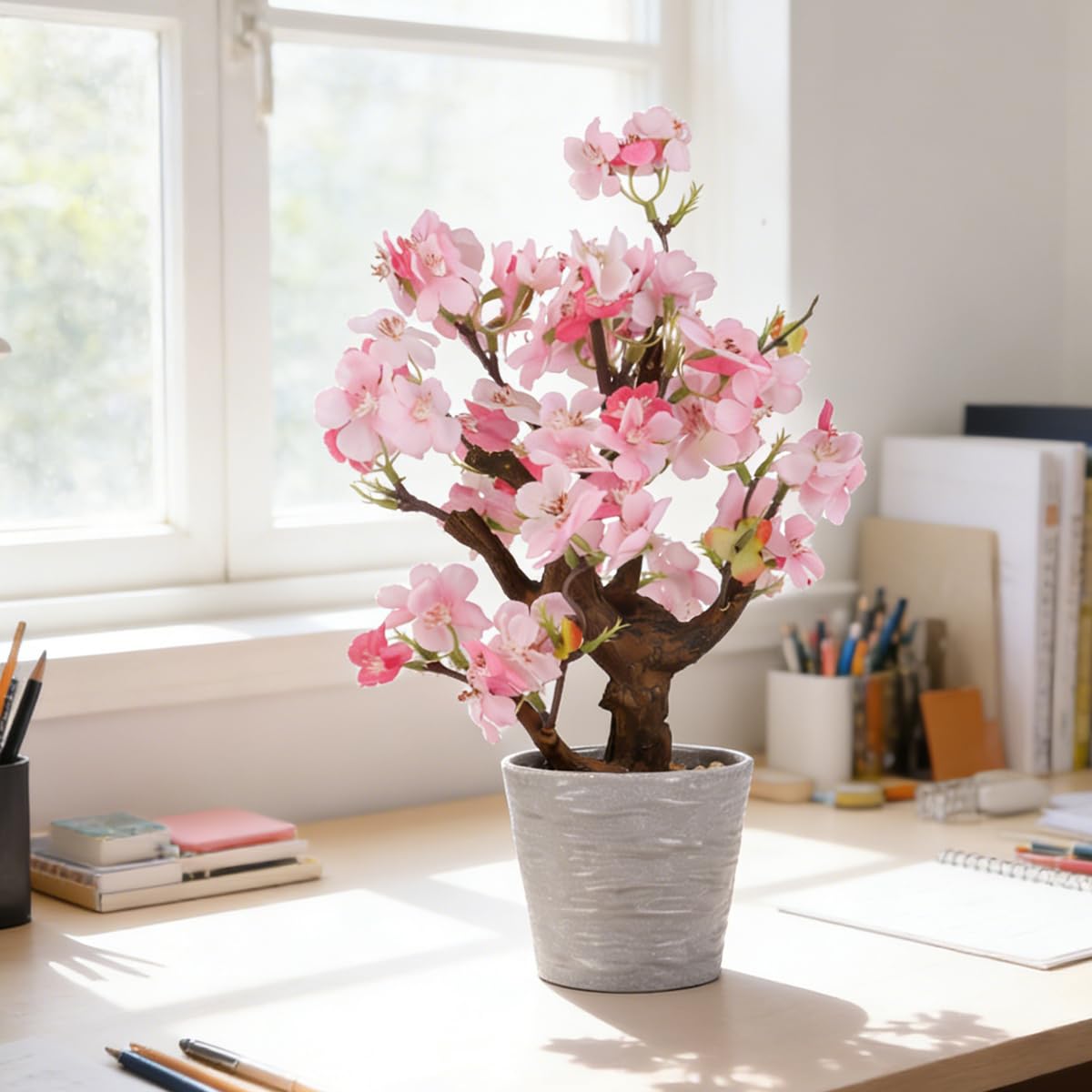 KAIRNE Artificial Pink Cherry Blossom Potted,13" Tall Fake Bonsai Flowers Tree,Lifelike Floral Faux Plants,Realistic Decorative Flowers Potted,Spring Decoration Home Office Desk Decor