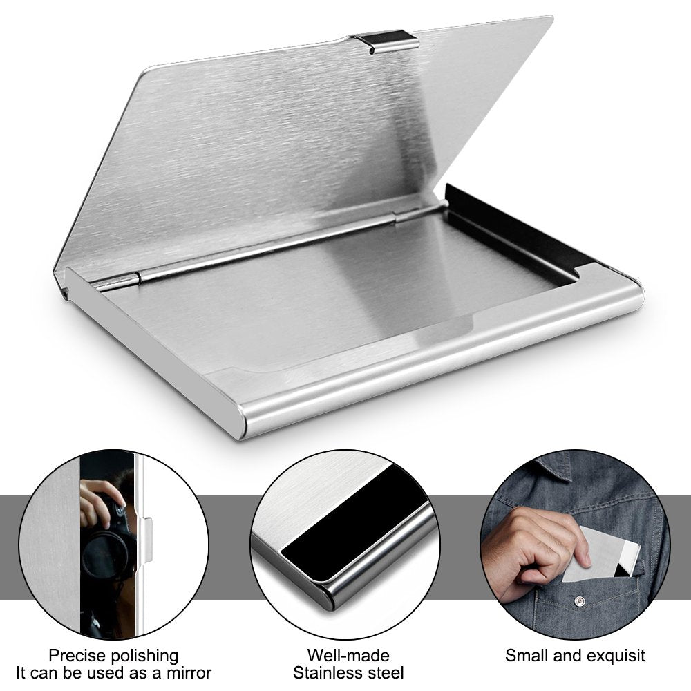 SENHAI 2 Pcs Business Card Holders, Professional Thumb-Drive Slide Out Business Card Case and Stainless Steel ID Name Wallet Credit Card Holder for Men and Women - Black