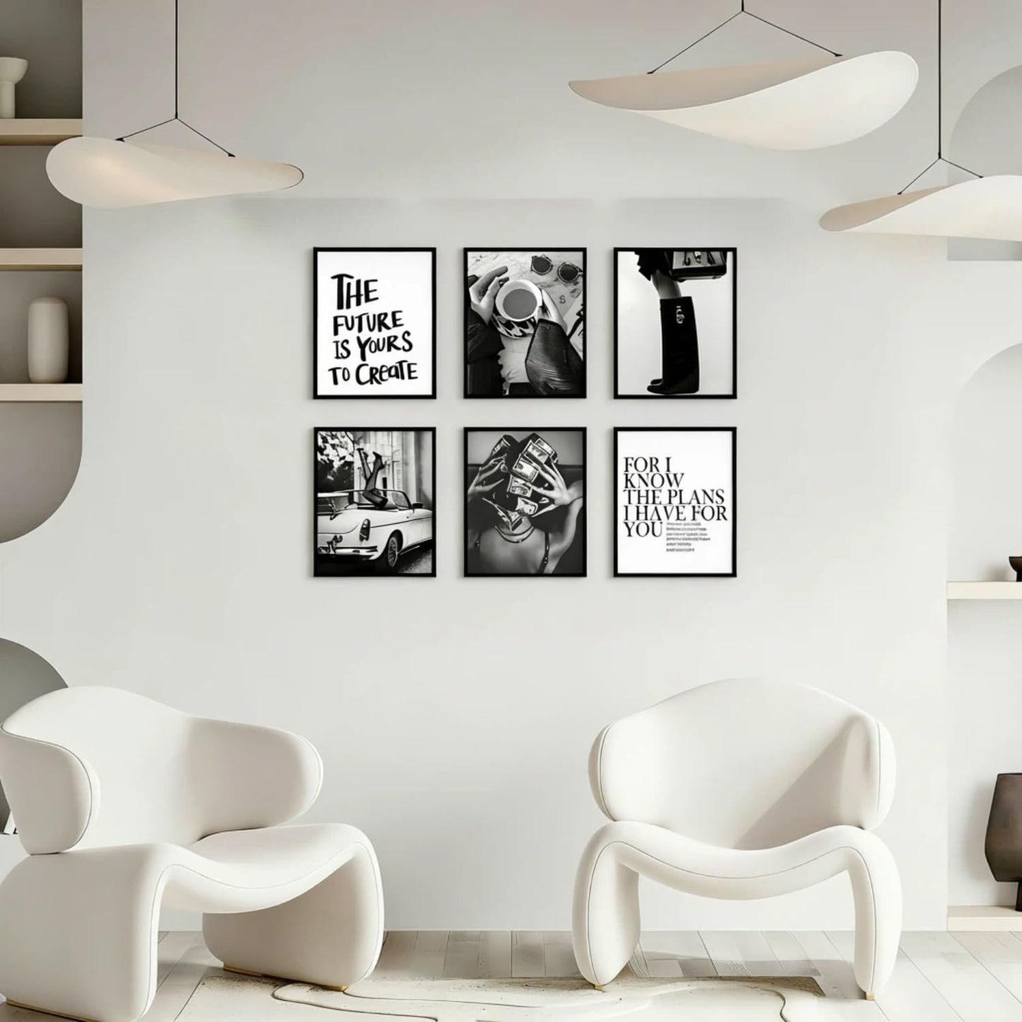 Trendy Black and White Wall Art Luxury Money Hair Rollers Girl Posters High Heels Motivational Quotes Home Decor for Bedroom Living Room Dormitory Modern Aesthetic Pictures Unframed 8x10 Inch