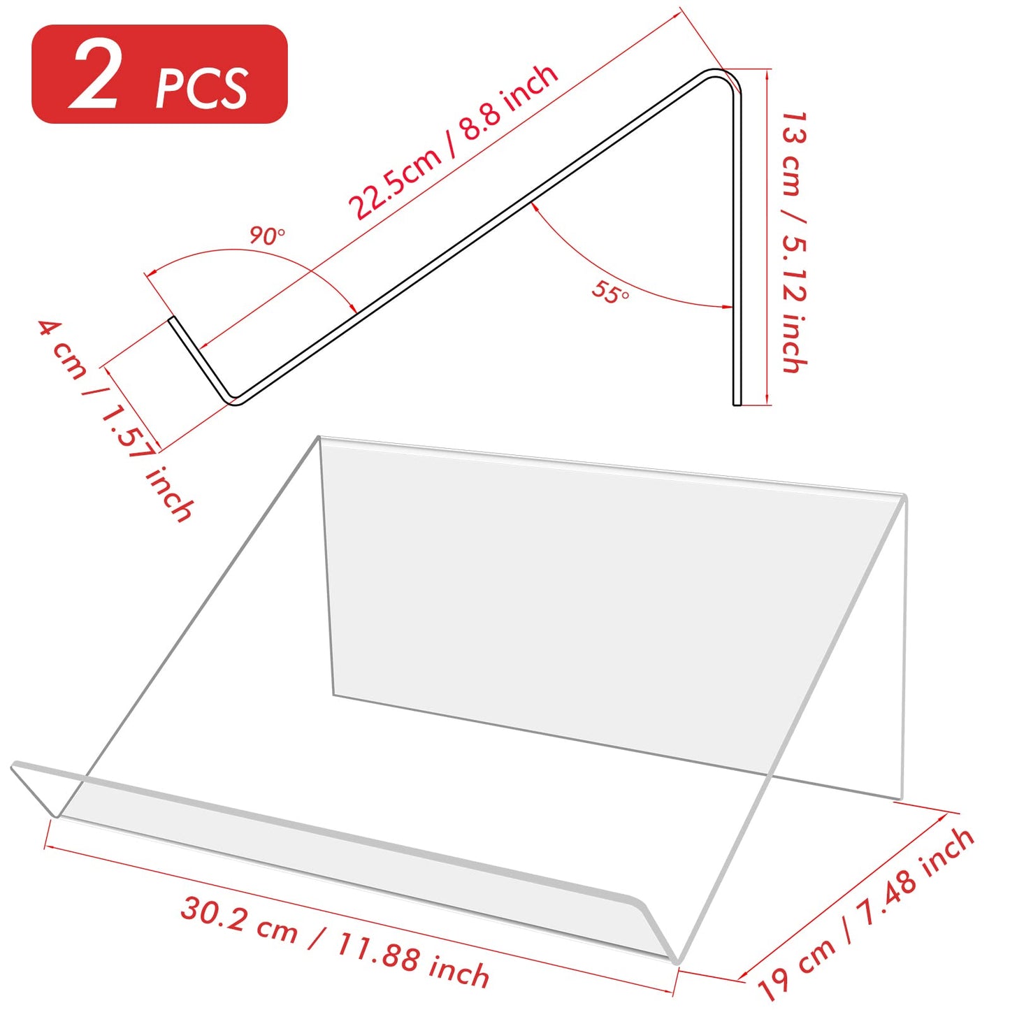 Kamehame Book Stands for Display, 2 Pack Slightly Elevated Clear Acrylic Book Display Stand with 1.5" Ledge, Book Easel Anti-slip Border for Handwriting Reading Art and Laptop, 12"x8.5"x5.1"