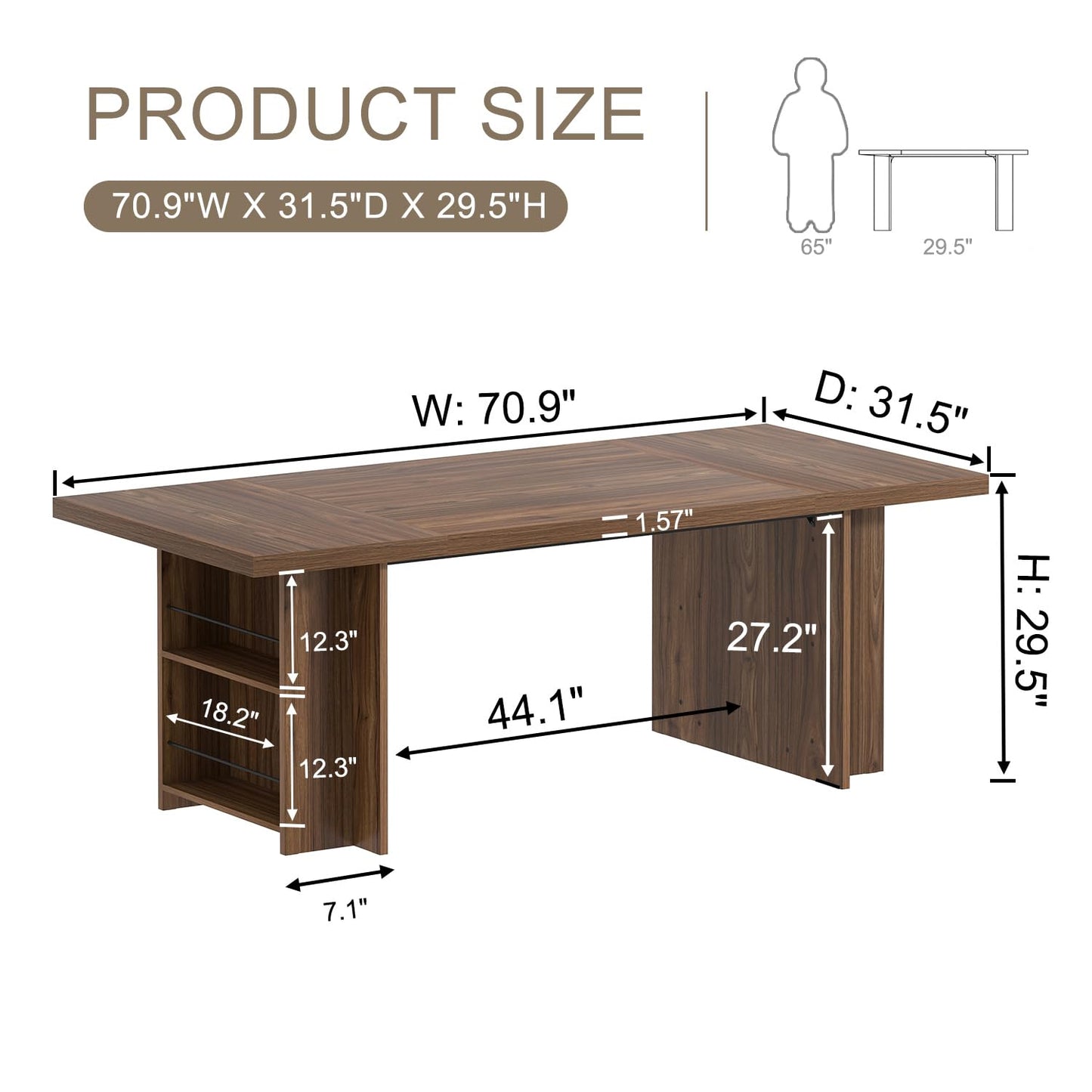FOLUBAN 70 Inch Executive Desk, Large Computer Desk for Home Office, Long Study Writing Gaming Table for 2 Person, Modern Wood Conference Table Workstation, Rustic Walnut