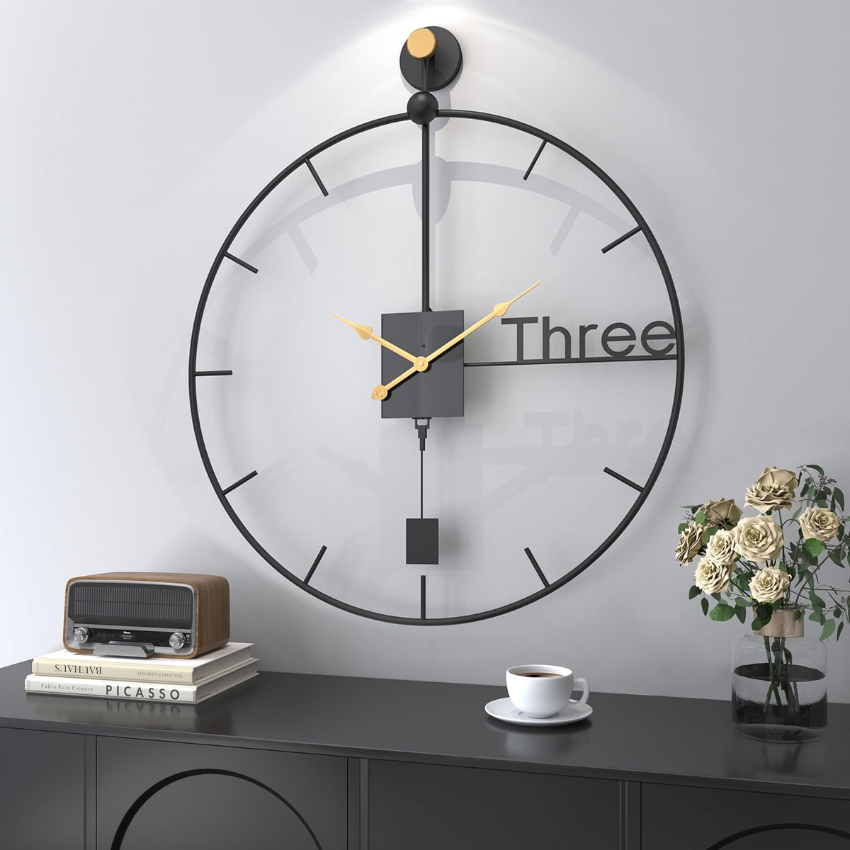Cuspin 30 inch Large Wall Clocks Battery Operated Wall Clock with Pendulum, Silent Non-Ticking Metal Clock for Living Room Decor, Modern Decorative Hanging Clock for Bedroom, Office, Kitchen, Home