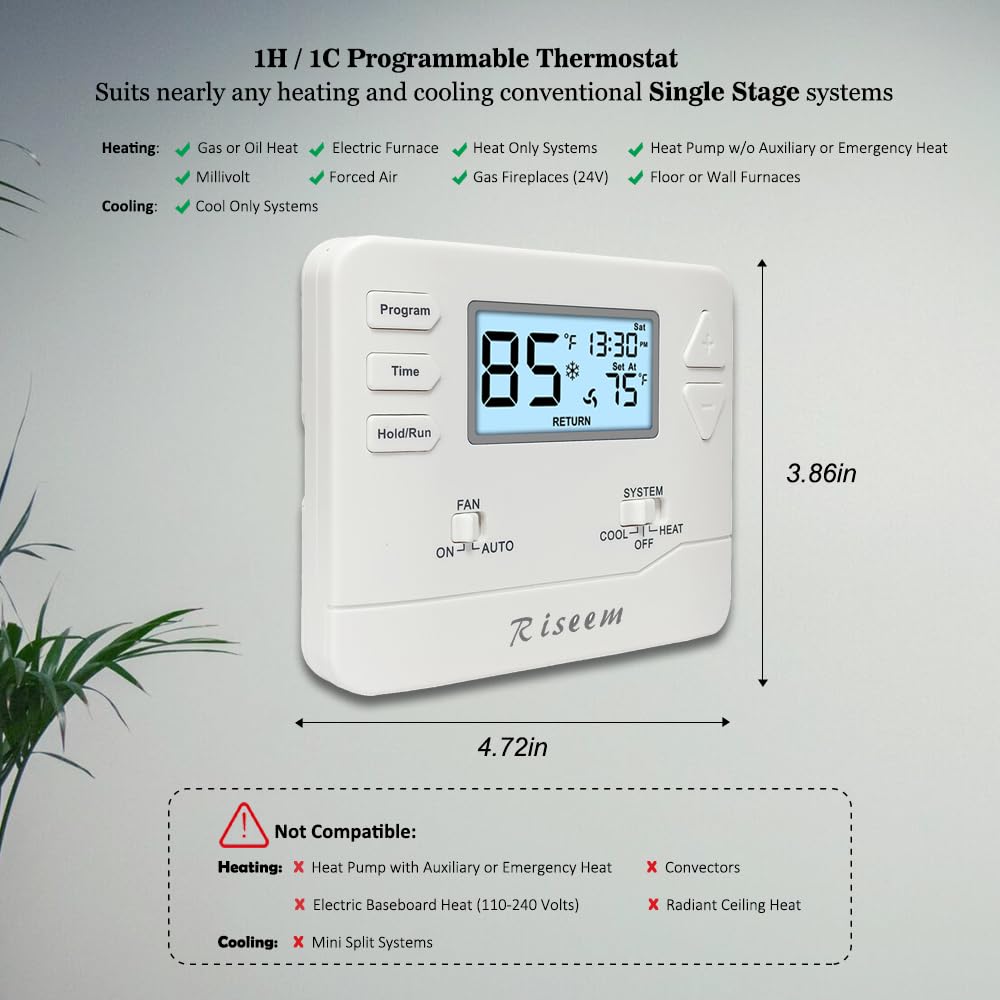 Programmable Thermostat for Home,Conventional Single-Stage Systems,5-1-1 Day Programmable Digital Energy-Saving Thermostat,up to 1 Heat/1 Cool Compatible with Gas System，White Backlight