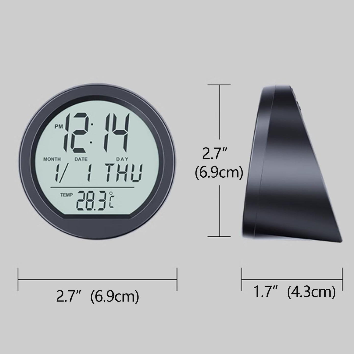 Timloon Car Dashboard Clock with Automatic Backlight at Night, Solar-Powered, Fahrenheit Temperature, 12/24 Hour Format Time, Calendar for Car Truck Office Home and Outdoor Camping (Includes Battery)