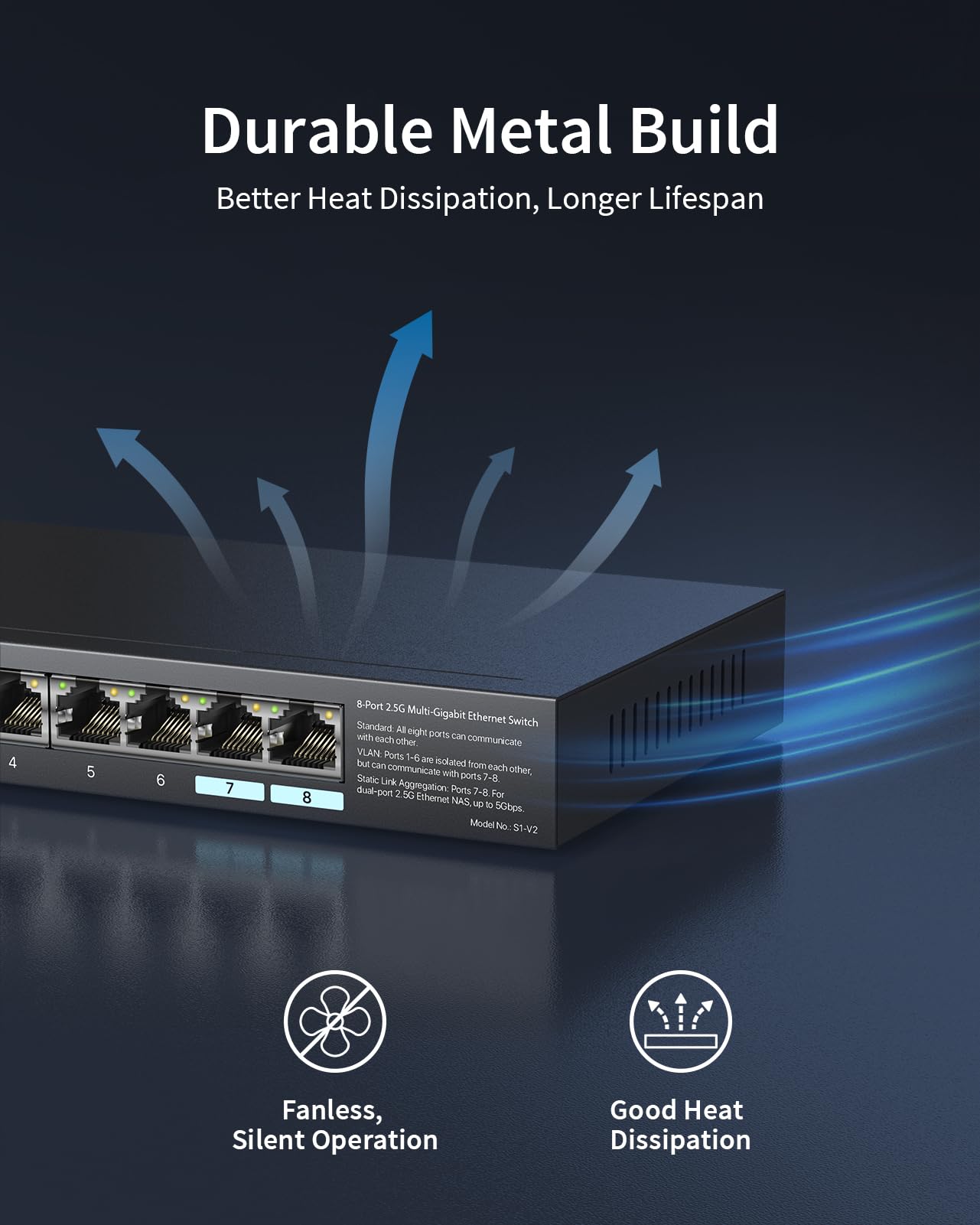 BrosTrend 2.5Gb Switch, Unmanaged 8 Port Ethernet Switch 2.5 Gigabit Supports Static Link Aggregation & VLAN, Fanless, Desktop Wall Mount, Multi Gig Splitter for Gaming, NAS, PC, Lifetime Protection