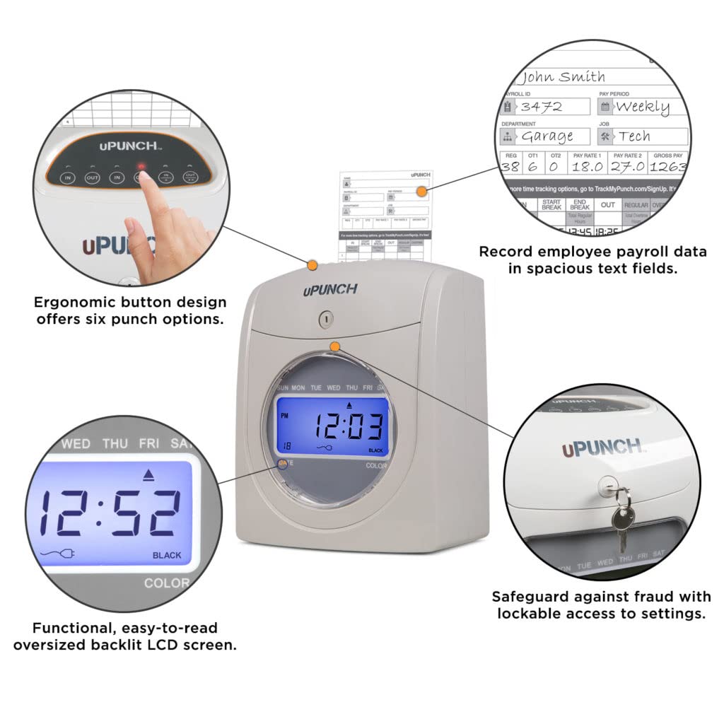 uPunch HN4500 Advanced Calculating Time Clock Bundle for Small Business: Complete Employee Time Tracking System with 200 Time Cards, Racks, Ribbons, and Keys