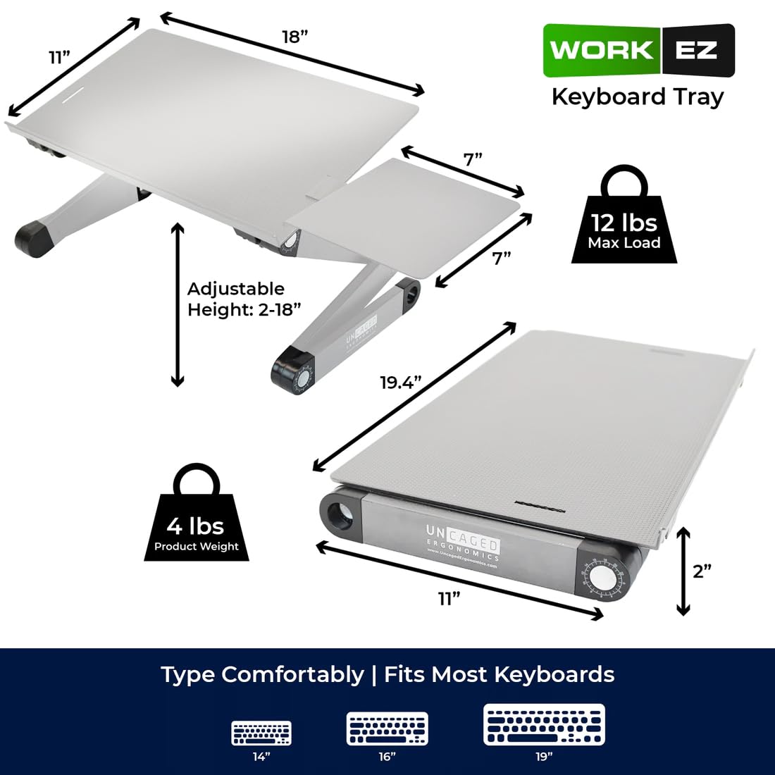 Uncaged Ergonomics Adjustable Keyboard Tray, Silver, Keyboard Tray, Ergonomic, Wrist Support, Portable, Universal, Aluminum