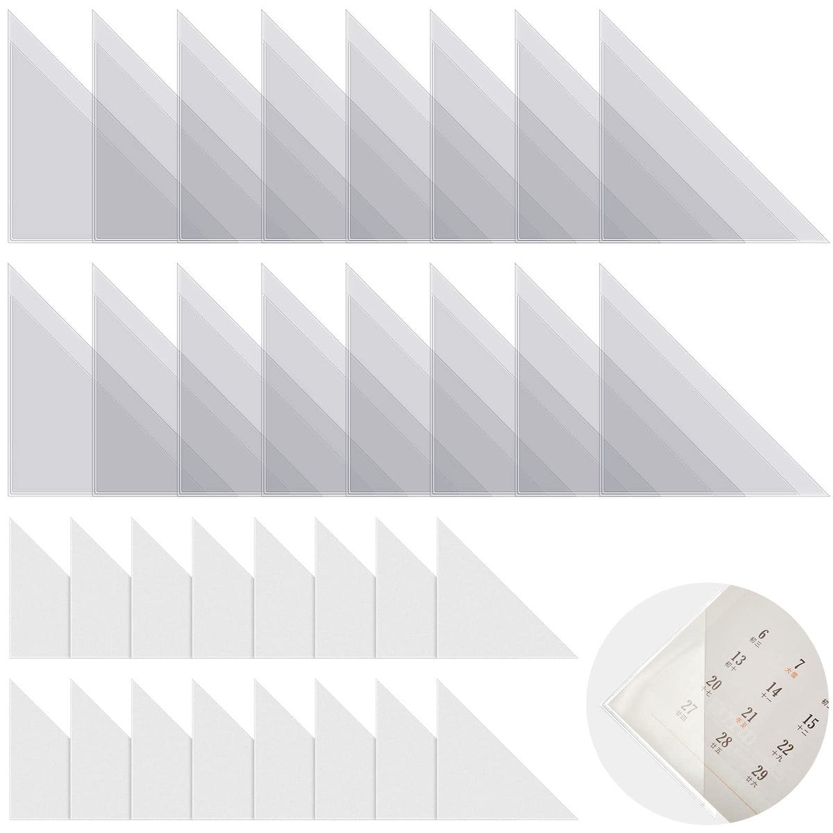 16 Packs Desk Calendar Corner Protectors Plastic Peel and Stick Calendar Corners Protectors with Double Sided Adhesive Tape for Keep Paper Flat and Avoid Book Pages Curling, Clear, 3 x 3 Inches