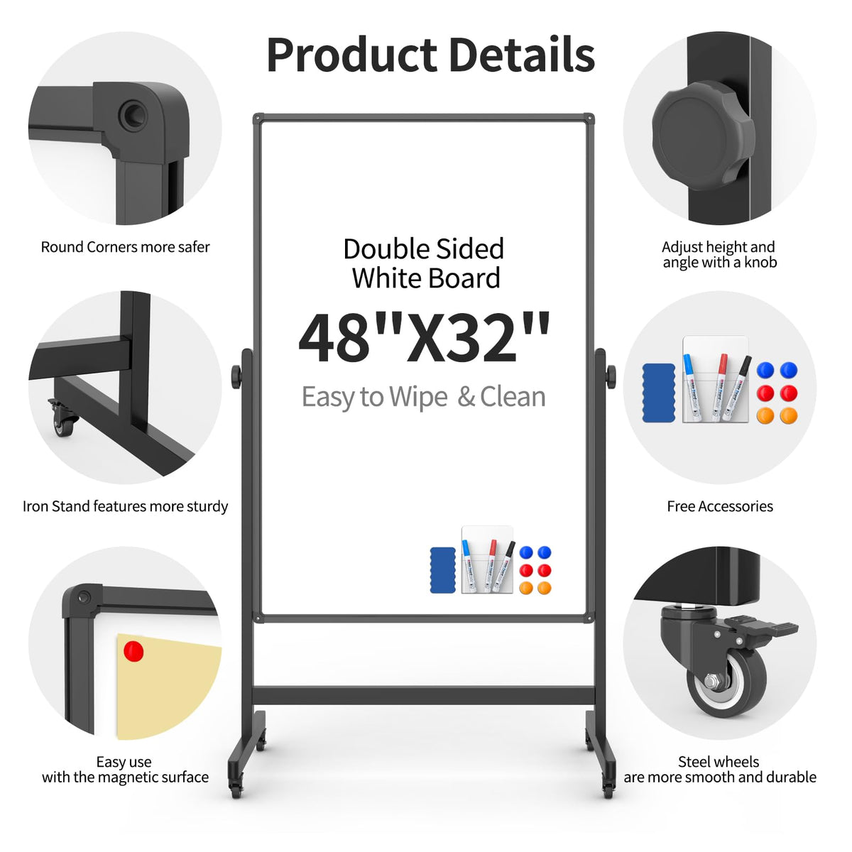 48x32inches Mobile Whiteboard - Adjustable Height, Standing Whiteboard on Wheels, Double-Sided Magnetic Dry Erase Board for Office, Home, Classroom