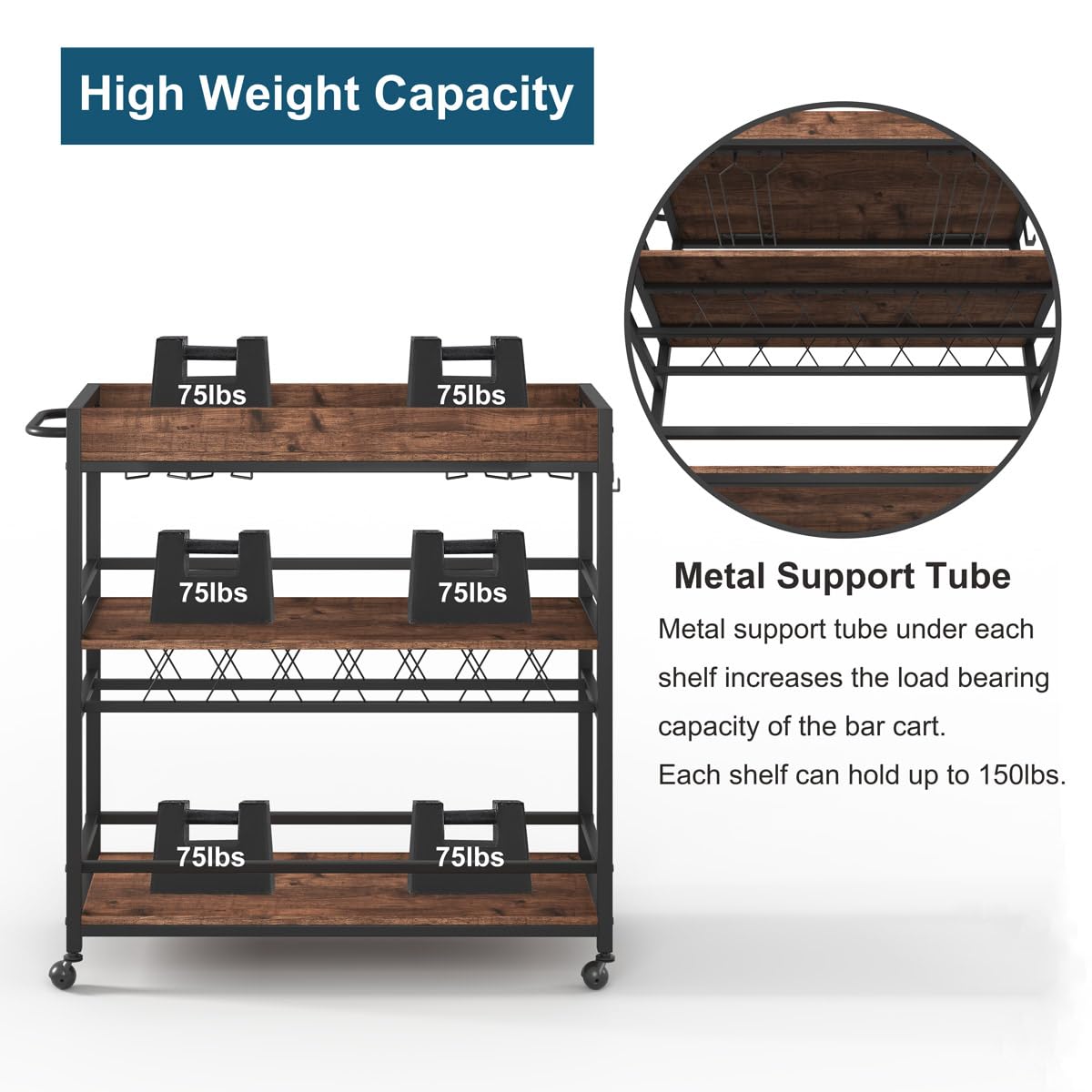 BON AUGURE Bar Cart for The Home, Rolling Home Bar Serving Cart on Wheels, 3 Tier Liquor Beverage Carts with Wine Rack and Glass Holder (Rustic Oak)