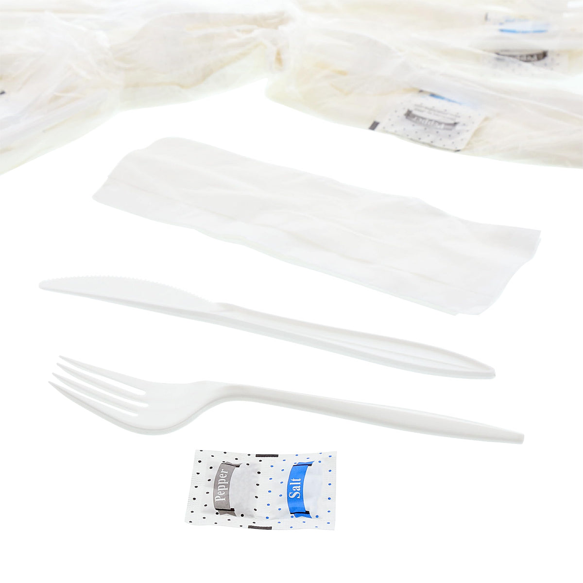 AmerCareRoyal 5-in-1 Disposable Silverware Medium Weight Plastic Utensil Set with Fork, Knife, Salt & Pepper Packets, 12x13 inch Napkin - Individually Wrapped Cutlery Meal Kit, White, Case of 250