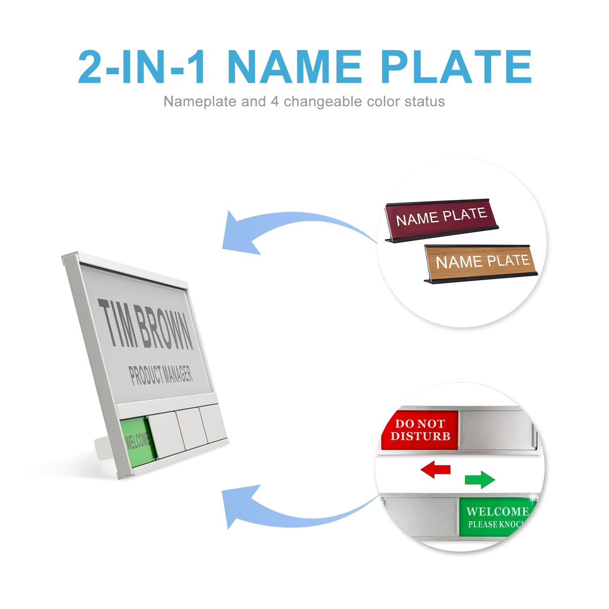 2-IN-1 Aluminum Name Plate For Desk/Doors/Cubicle Wall, With 4 Status Options, Combination Of Office Door Signs And Name Plate, Free To DIY The Printing Content (Silver)