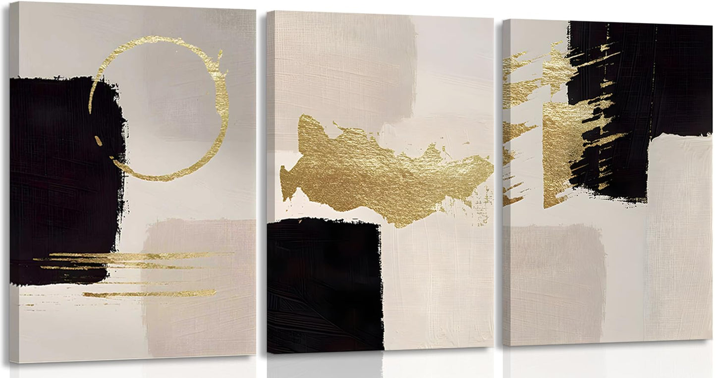 3Pcs Black and White Abstract Canvas Wall Art, Minimalist Black Beige Gold Painting Pictures Wall Decor, Modern Posters Print Artwork, for Living Room Bedroom Office Decoration, 16x24in Framed