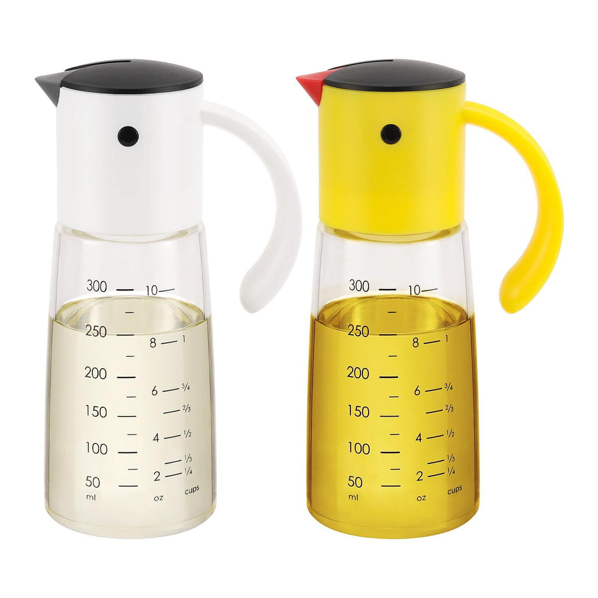 Vucchini Olive Oil Dispenser Bottle for Kitchen Cooking 10 oz - Auto Flip Vinegar Dispenser Container- Leakproof Glass Cruet with Non-Drip Spout Dispenser (white and yellow)