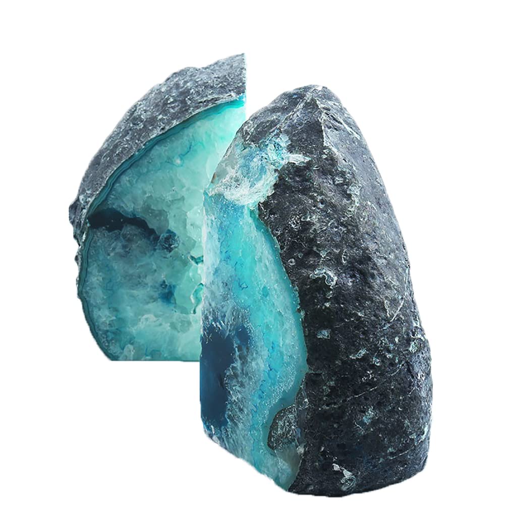 AMOYSTONE Agate Geode Bookends Heavy Duty Stone Book Ends Decorative Bookend Holder Home Office Decor with Rubber Bumpers Teal 1 Pair, 2-3 LBS