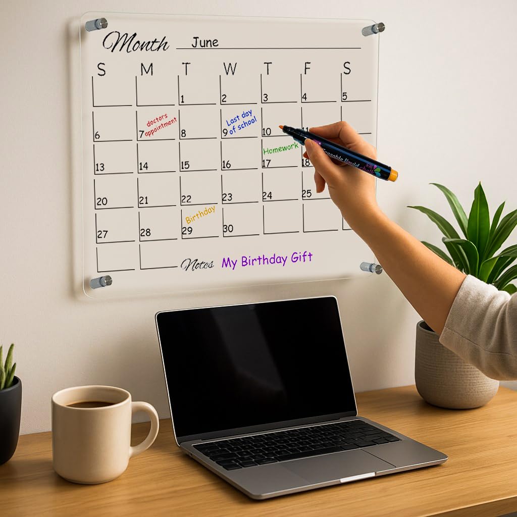 Premium Acrylic Calendar for Wall (16.75” x 13.25”) Clear Calendar & Family Reusable Planner with Vibrant Markers, Acrylic Dry Erase Board for Wall, Home, Office, or Family Command Center