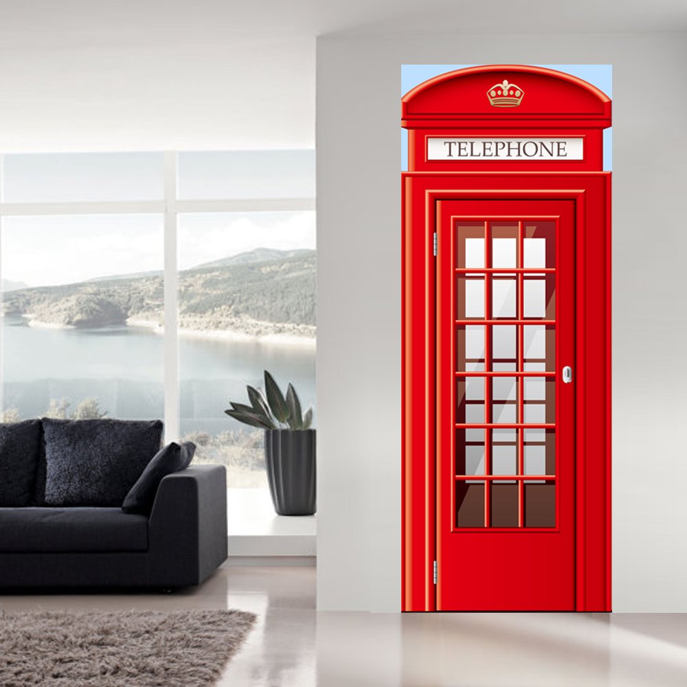 Modern Art Phonebooth 3D Door Sticker, Peel and Stick Vinyl Door Mural Decals for Home Decor, 30.3x78.7(77x200cm), 2 Pcs Set