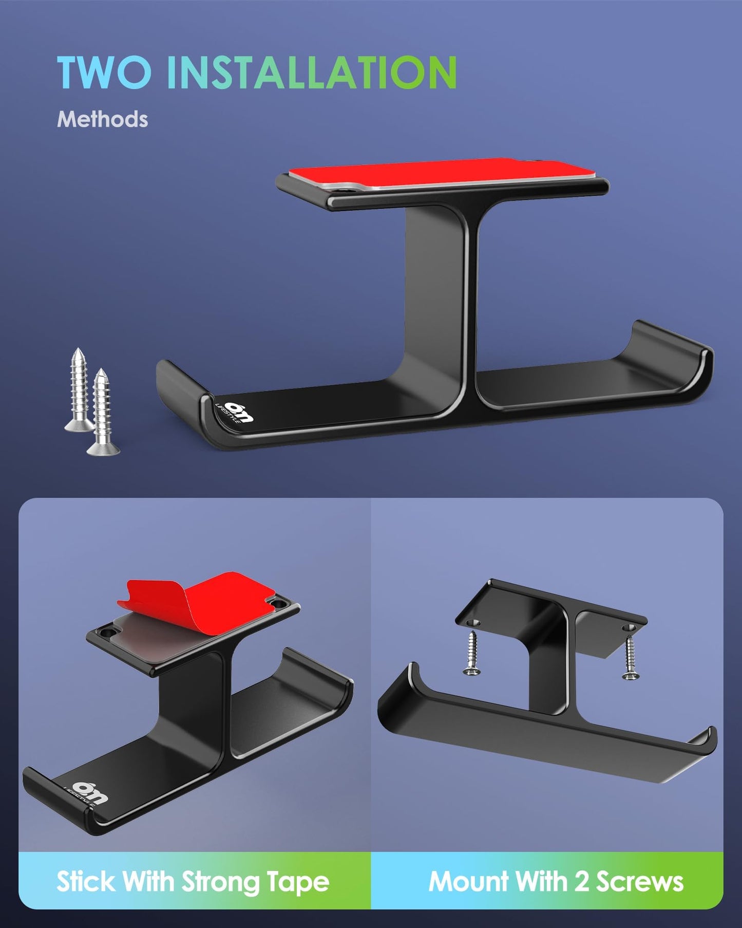 All Aluminum Headphone Stand Under Desk, Dual Headset Holder Hanger with Industrial-Strength Adhesive & Screw Mount, Gaming Desk Accessories, Under Table Earphone Hook for PC Headsets, Bags, Black