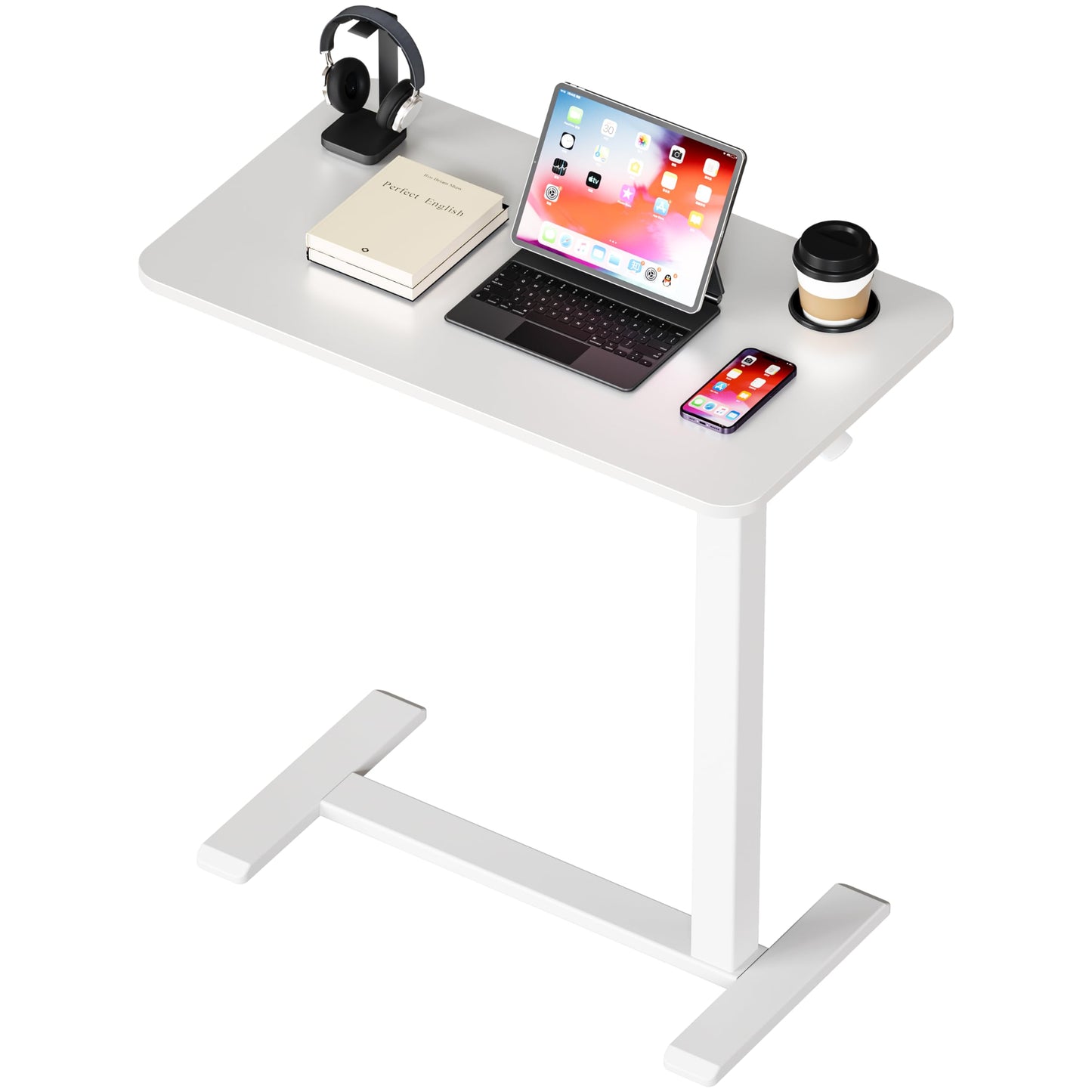BIZUM Adjustable Bedside Table with Swivel Hidden Wheels Pneumatic Rolling Desk Mobile Standing Desk with Cup Holder for Hospital Home(27.6"x15.8" White)