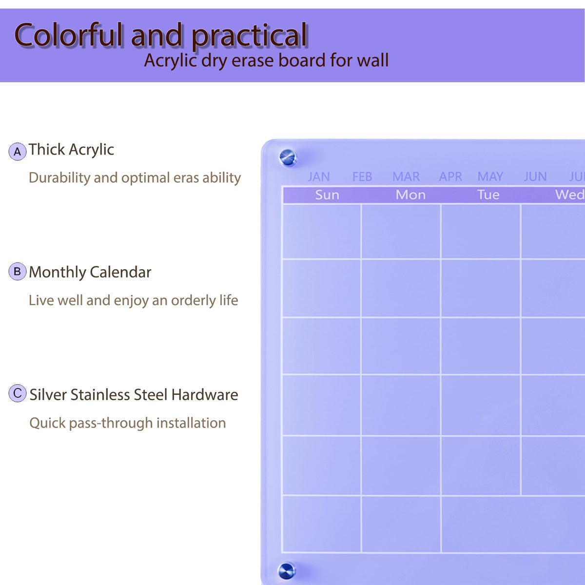 Marribol Acrylic Calendar for Wall,15.7''x11.8'',Acrylic Wall Calendar with Dry Erase Surface,Acrylic Monthly Calendar for Wall,Purple Dry Erase Board for Home Office School-PGYL-Pu-3040