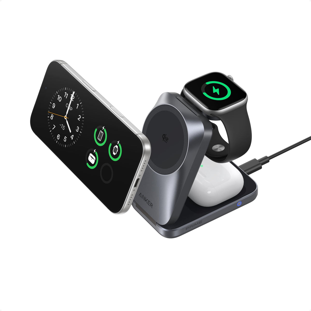 Anker Prime 3-in-1 Charging Station, AirCool Wireless Charger, Qi2 25W Certified Palm-Sized Foldable MagSafe Charger Compatible with iPhone 17, Apple Watch, AirPods (Non-Battery, with Adapter)