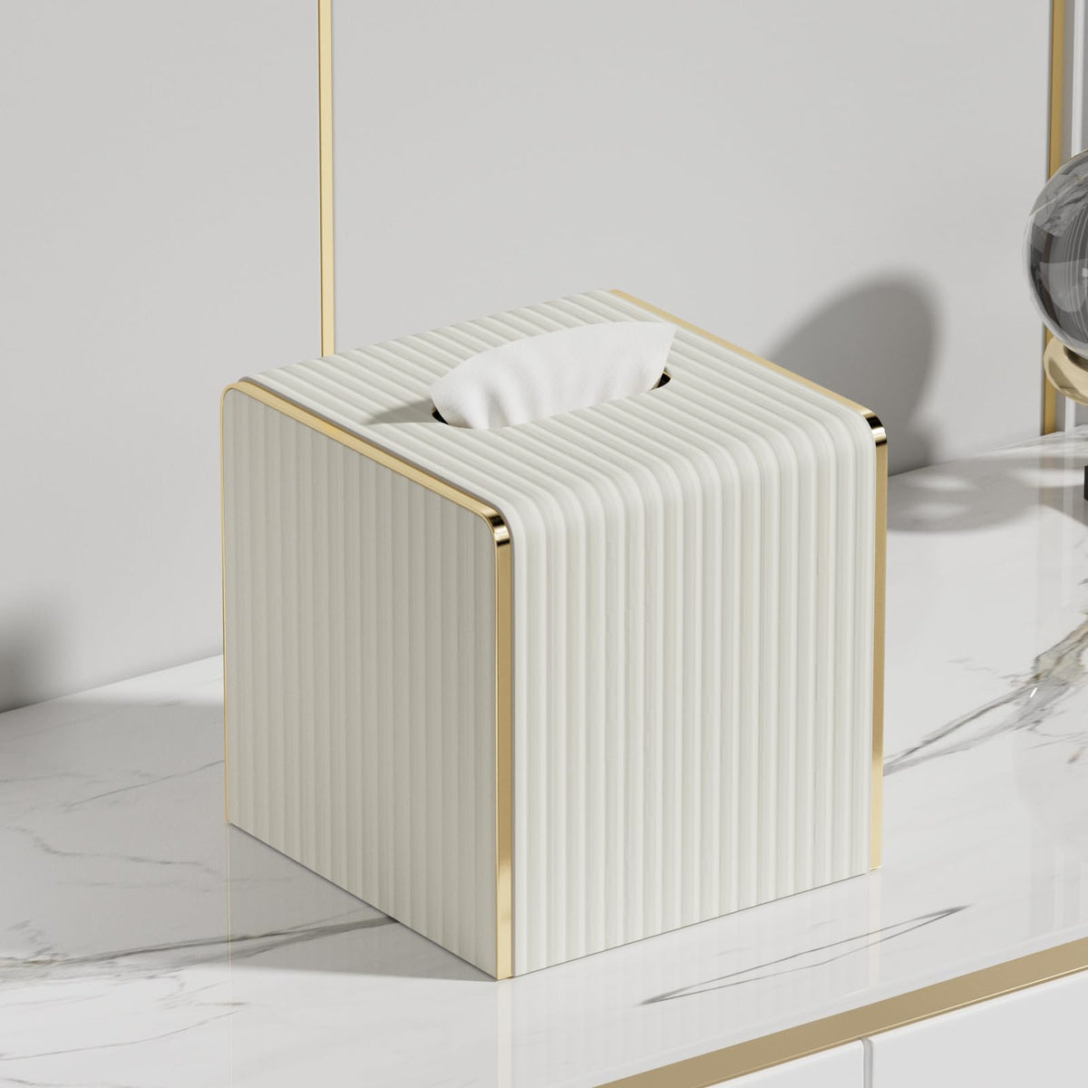 Tissue Box Cover,White Square Leather Tissue Box Holders with Gold-Tone Edging Decoration, Tissue Vessel for Bathroom Toilet Bedroom Living Room Table Desk Office,Modern Home Decor