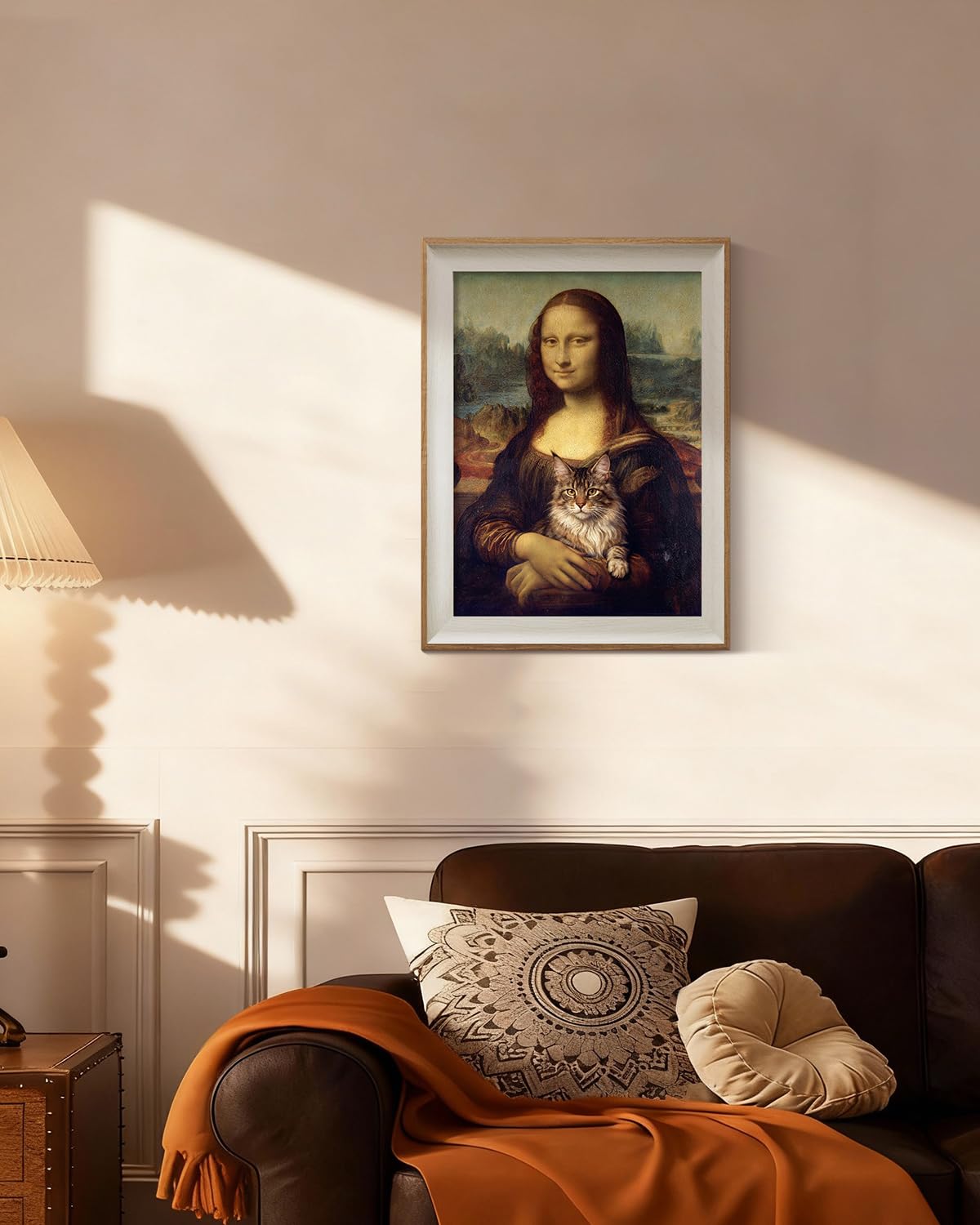 ARPEOTCY Framed Canvas Wall Art, 12x16 Mona Lisa-Inspired Portrait with Cat, Humorous Classical Style Wall Decor for Office Living Room Bathroom