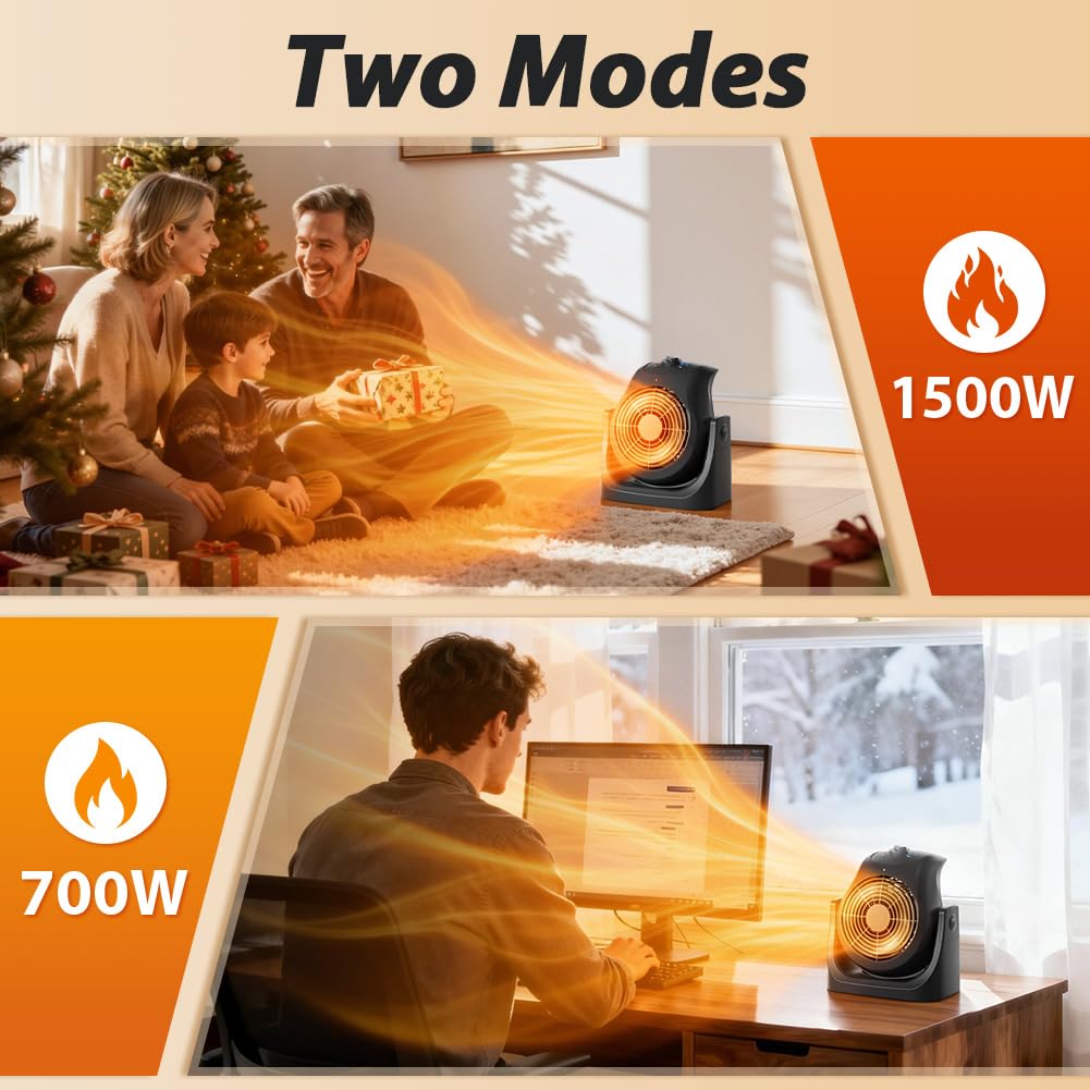 Portable Electric Space Heater Cooling Desk Fan 2 in 1 Heater Fan Combo with 45° Tilt, 2 Wind Speeds, 1500W Overheat Protection Personal Small Heater for Home Office