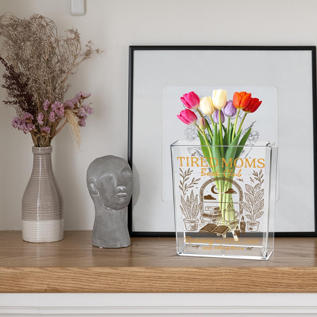 Moms Book Flower Vase Mothers Day Birthday Book Lover Gifts for Mom Mother from Daughter Son Coffee Chaos and Chapters Tired Moms Funny Acrylic Book Shaped Vase Decor for Home Office Table Vase 3804
