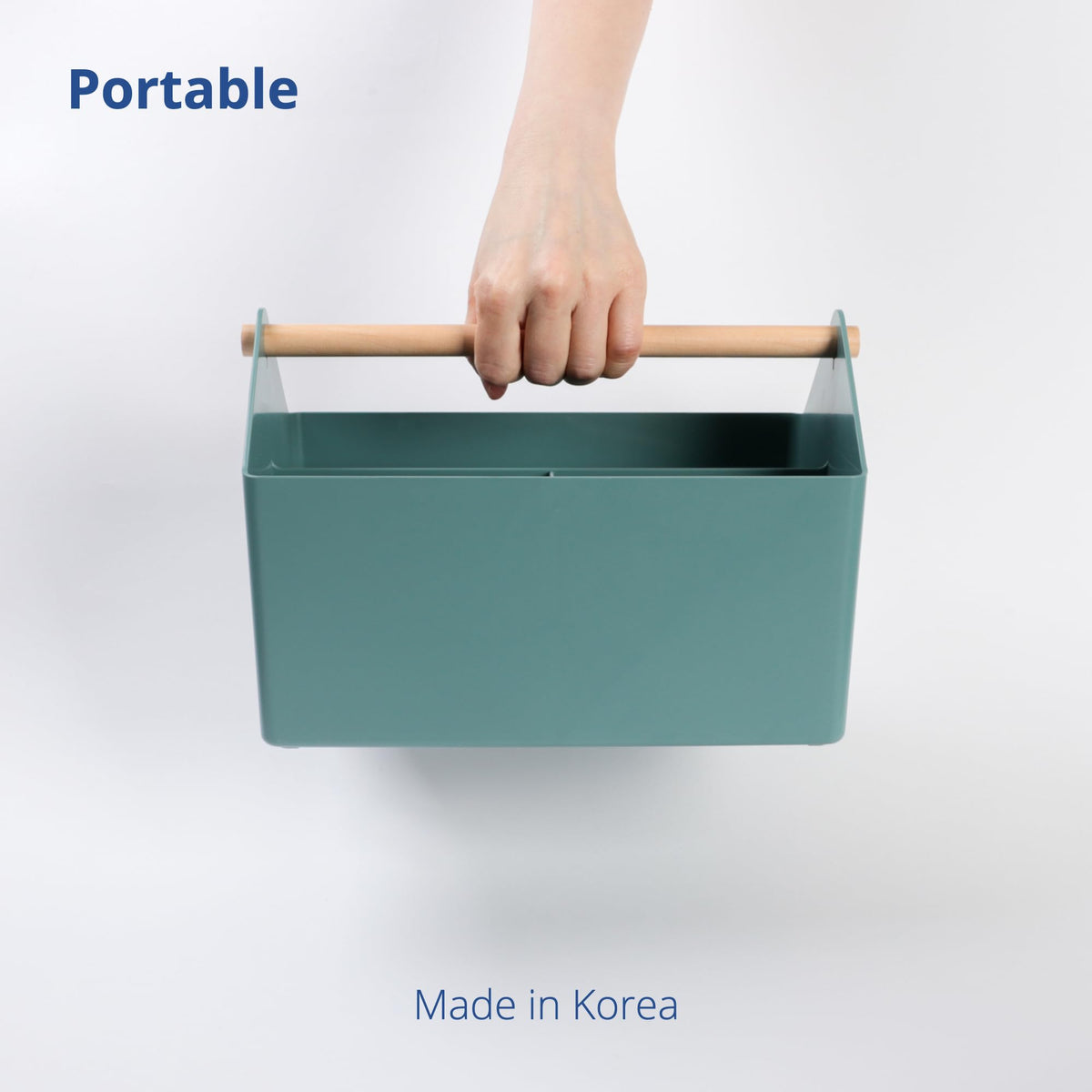 BLUE GINKGO Medium Storage Basket – Plastic Caddy with Wooden Handle for Office, Arts & Crafts, or Home Supplies (Green)