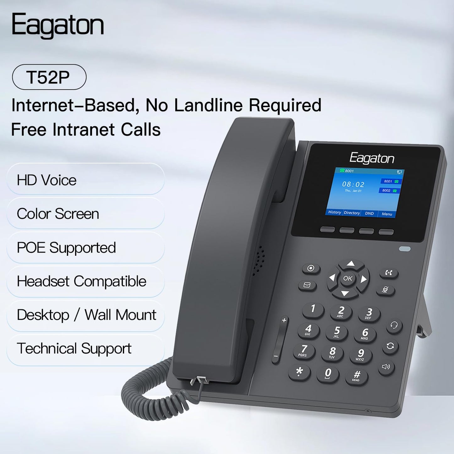Eagaton T52P IP Phone,Office Phones Voip,2.4" Color Display, 2 SIP Accounts Business VoIP Phone, HD Voice,PoE Supported, Compatible with IPPBX&VoIP Providers, Includes Power Adapter for Home & Office