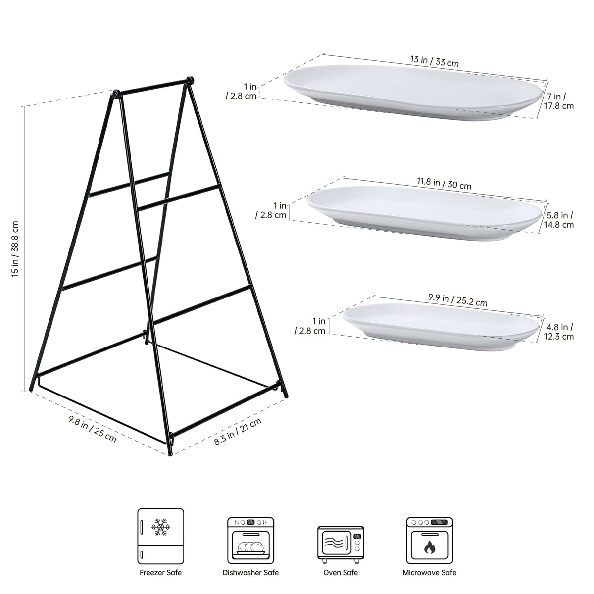 UNICASA 3 Tier Serving Tray for Parties – White Oval Porcelain Serving Platters and Trays with Collapsible Metal Stand – Tiered Dessert Stand for Cake, Snacks, Appetizers, Fruits, Chips & Dips