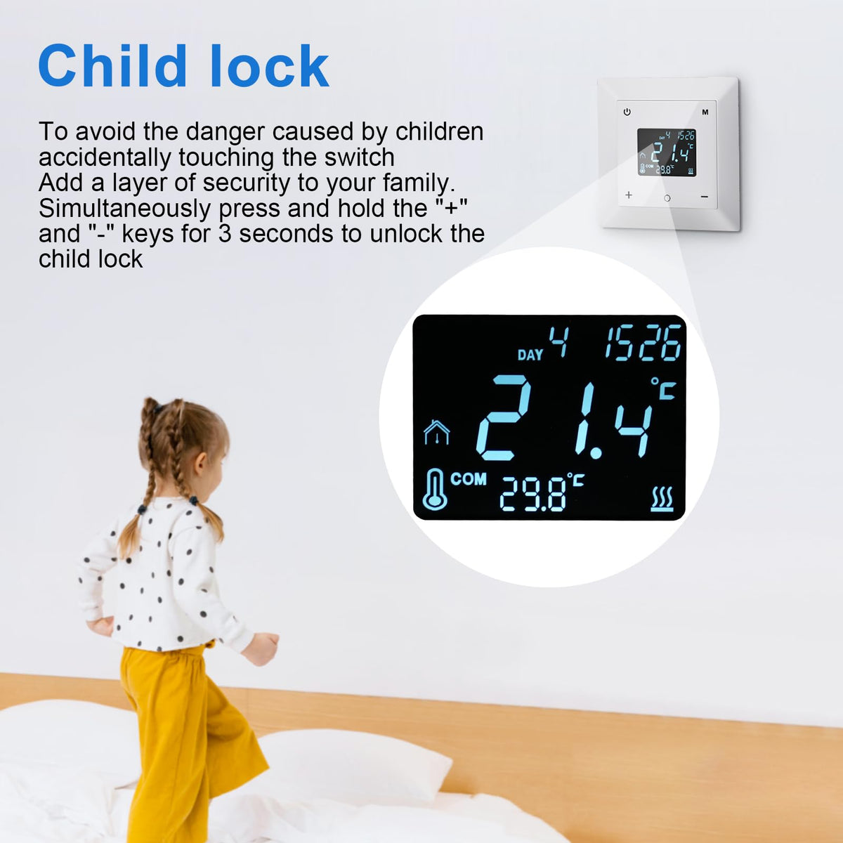 Touchscreen Programmable Thermostat for Electric Floor Heating System, 7-day Timing Settings Backlight LCD Display Safety Lock Automatic Calibration Low Temperature Protection NTC Floor & Air Sensing