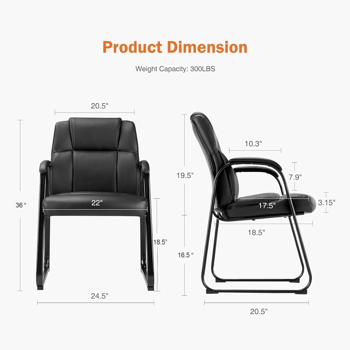 Simple Deluxe Leather Guest Chairs with Padded Arms & Sled Base - Set of 1 Stationary No Wheel Waiting Room Chair for Conference Reception Rooms, Lobby, Home Office Computer Desk, Bedroom, Black