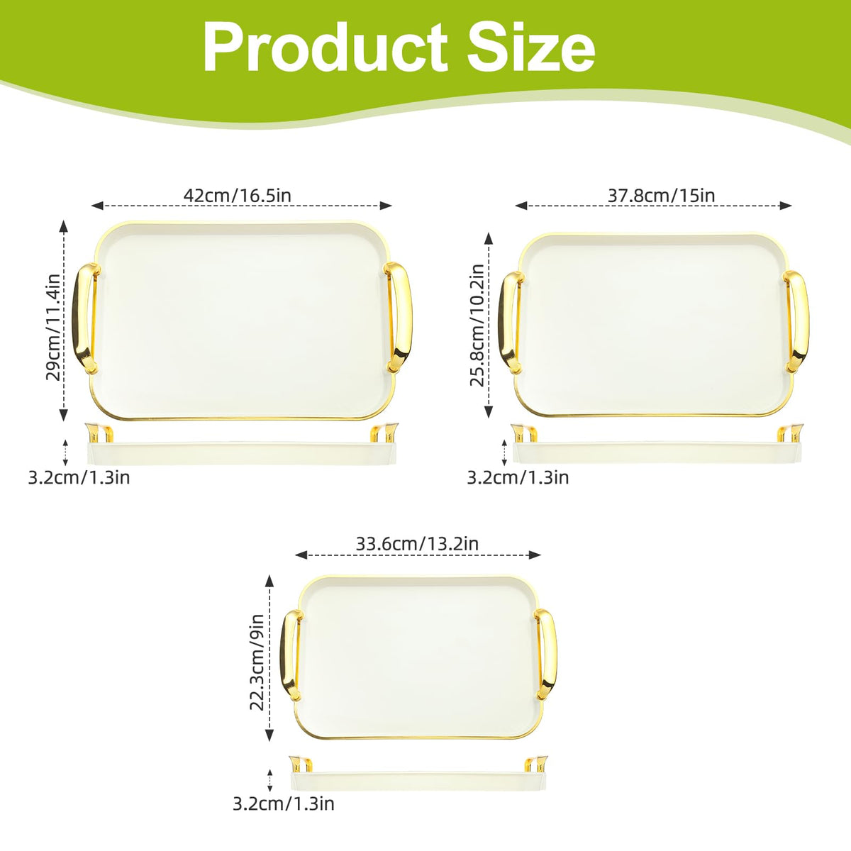 Zufudo 3 Pack Serving Tray with Handles, Stackable Reusable Trays for Serving Food, Plastic Serving Platters for Party, Charcuterie, Fruit, Appetizer, Cream Gold