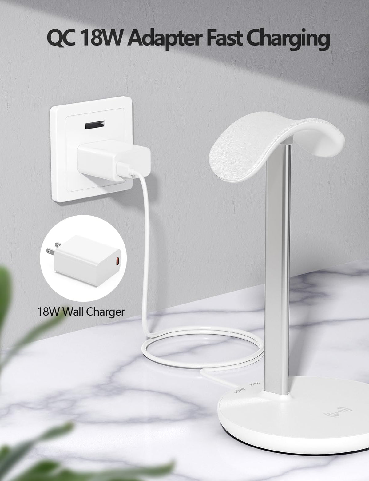 Miroddi Headphone Stand with Wireless Charger, Independent USB Charging Port, 5 in 1 Charging Station Headset Holder Rack for AirPods Max/Pro/4/3/2, iWatch, iPhone, Samsung and Desk Headphones, White