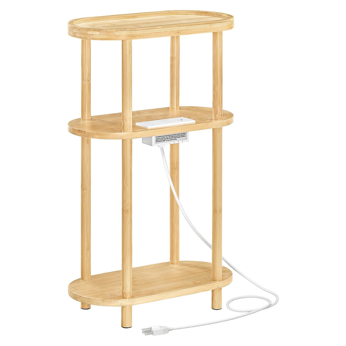 HOOBRO Small Narrow Side Table with Charging Station, 3-Tier Bamboo Narrow End Table, Slim Side Table for Small Spaces, Skinny Oval Nightstand for Living Room, Bedroom, Apartment, Natural YL178UBZ01