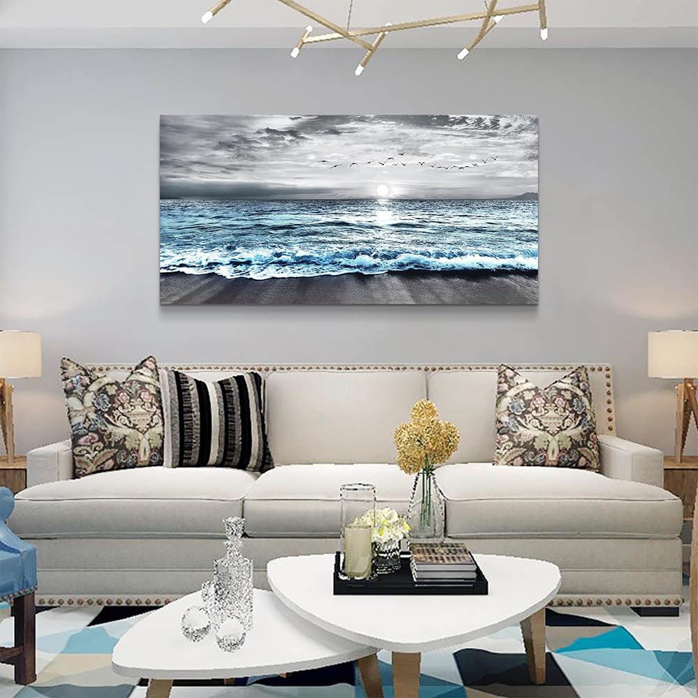 Wapluam Large Canvas Wall Art For Living Room & Bedroom Decor - Black & White Blue Sea Wave Pictures - Framed Beach Posters