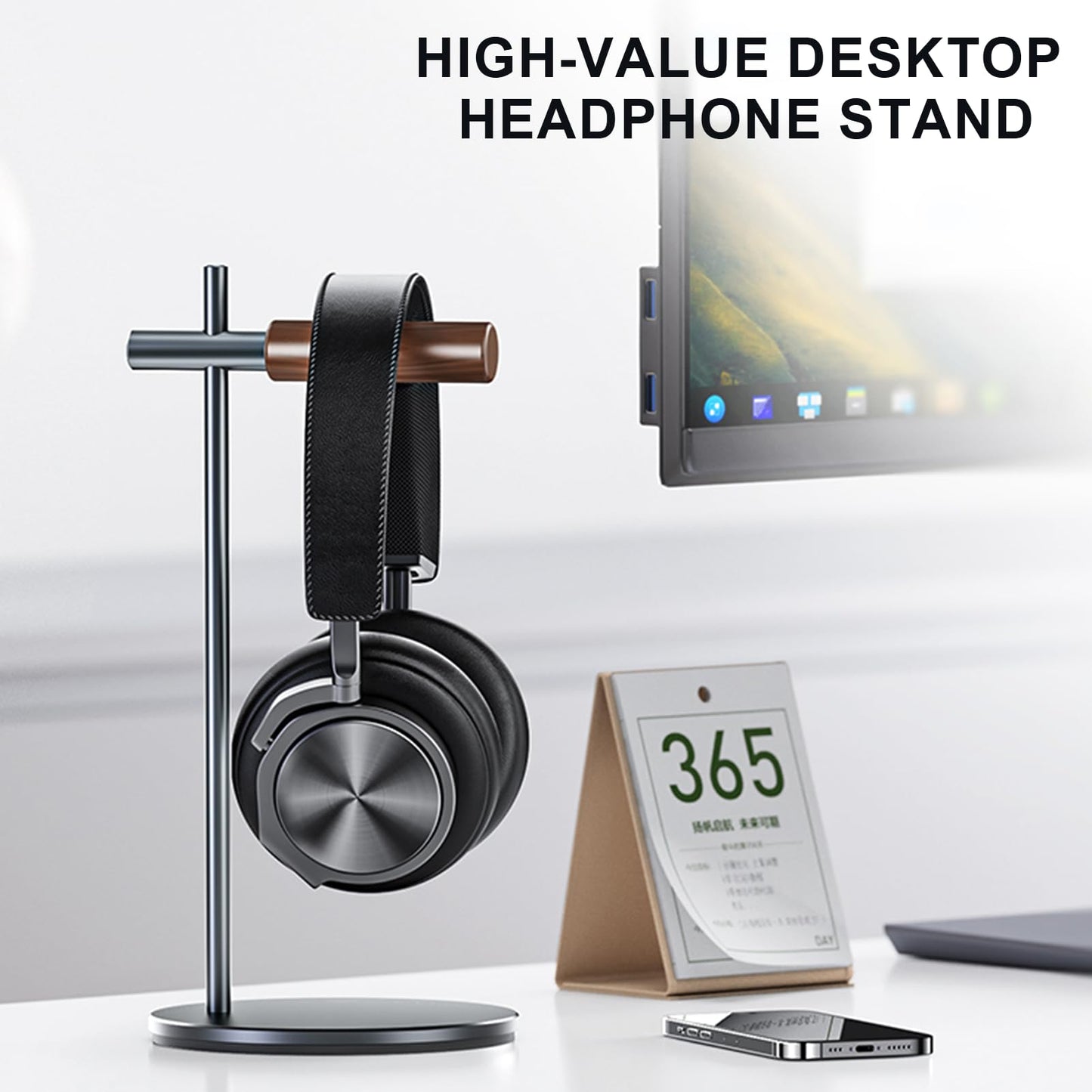 QzheMuw Oak Headphone Stand, Wood Headset Stand for Desk, Universal Holder for Airpods max, Bose, Beats, Gaming, Apple Vision Pro, VR Display Stand (Gray)