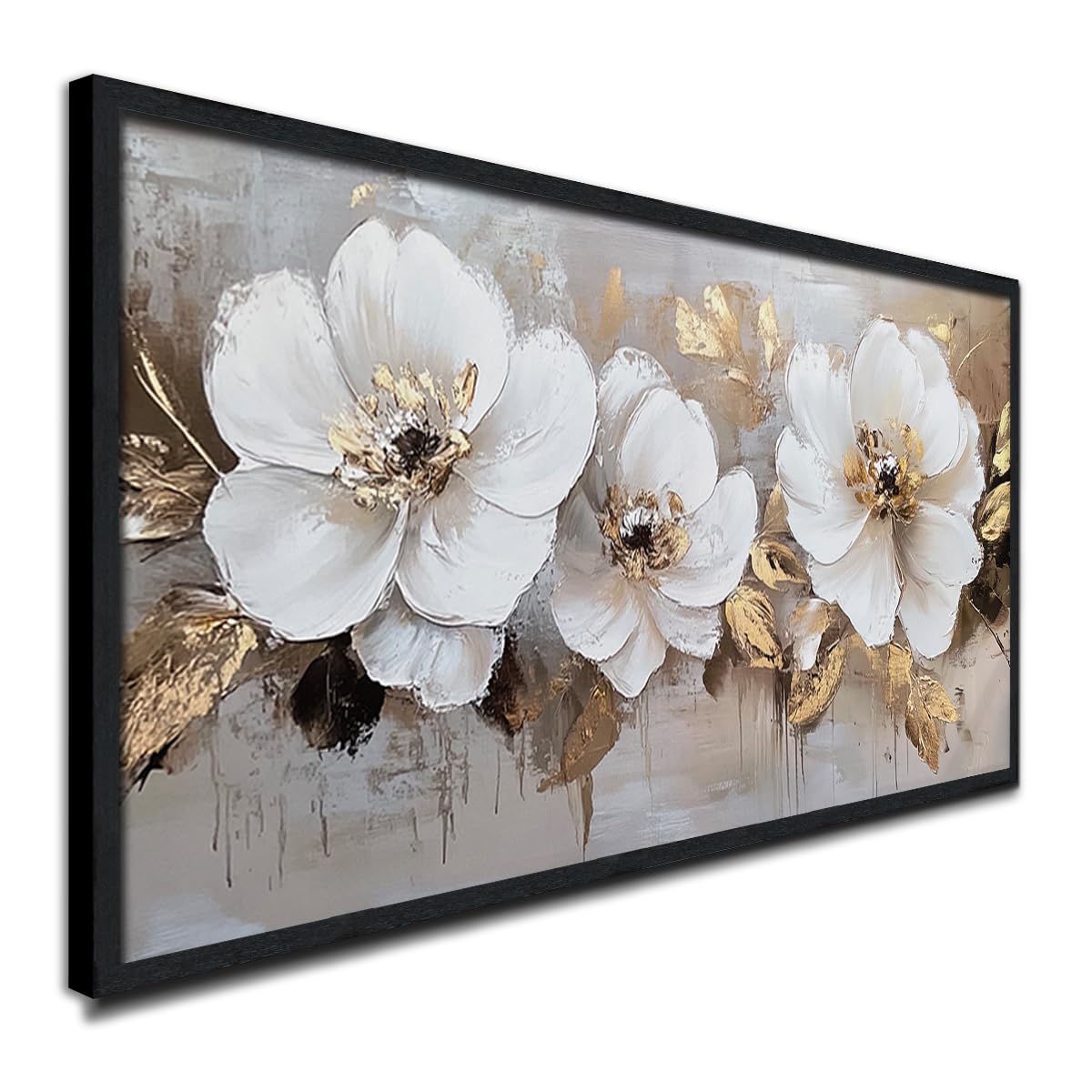 Large Framed Cream White and Gold Abstract Floral Paintings Modern Canvas Wall Art Flower Print Artworks for Home Office Decor