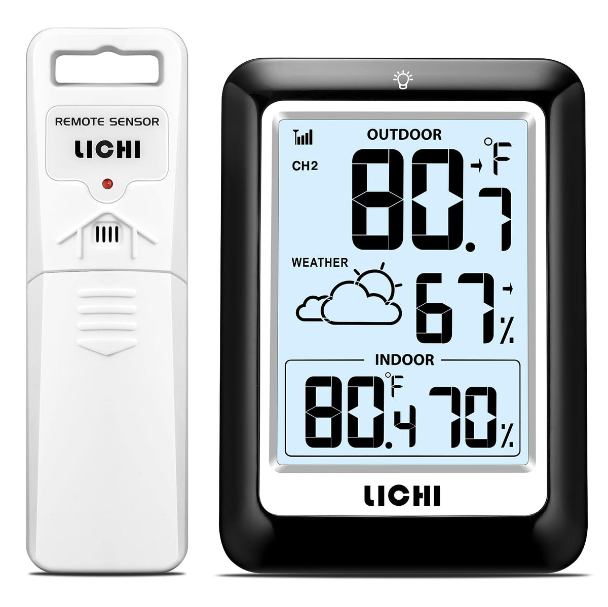 Indoor Outdoor Thermometer Wireless Weather Station, Internal External Thermometer Hygrometer, Home Batteryoperated Temperature Humiditymonitors330 Feet (About 100 Meters) Backlight Display (Black)