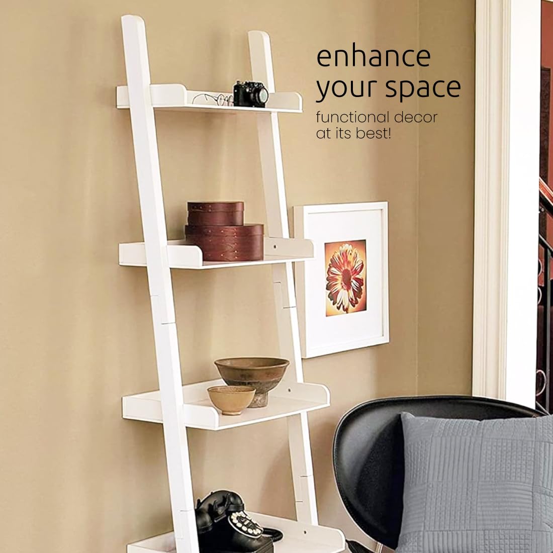 Kiera Grace Providence Hadfield 5 Tier Ladder Shelf, Leaning Bookshelf Storage Rack for Home, Office, 18" x 67", White