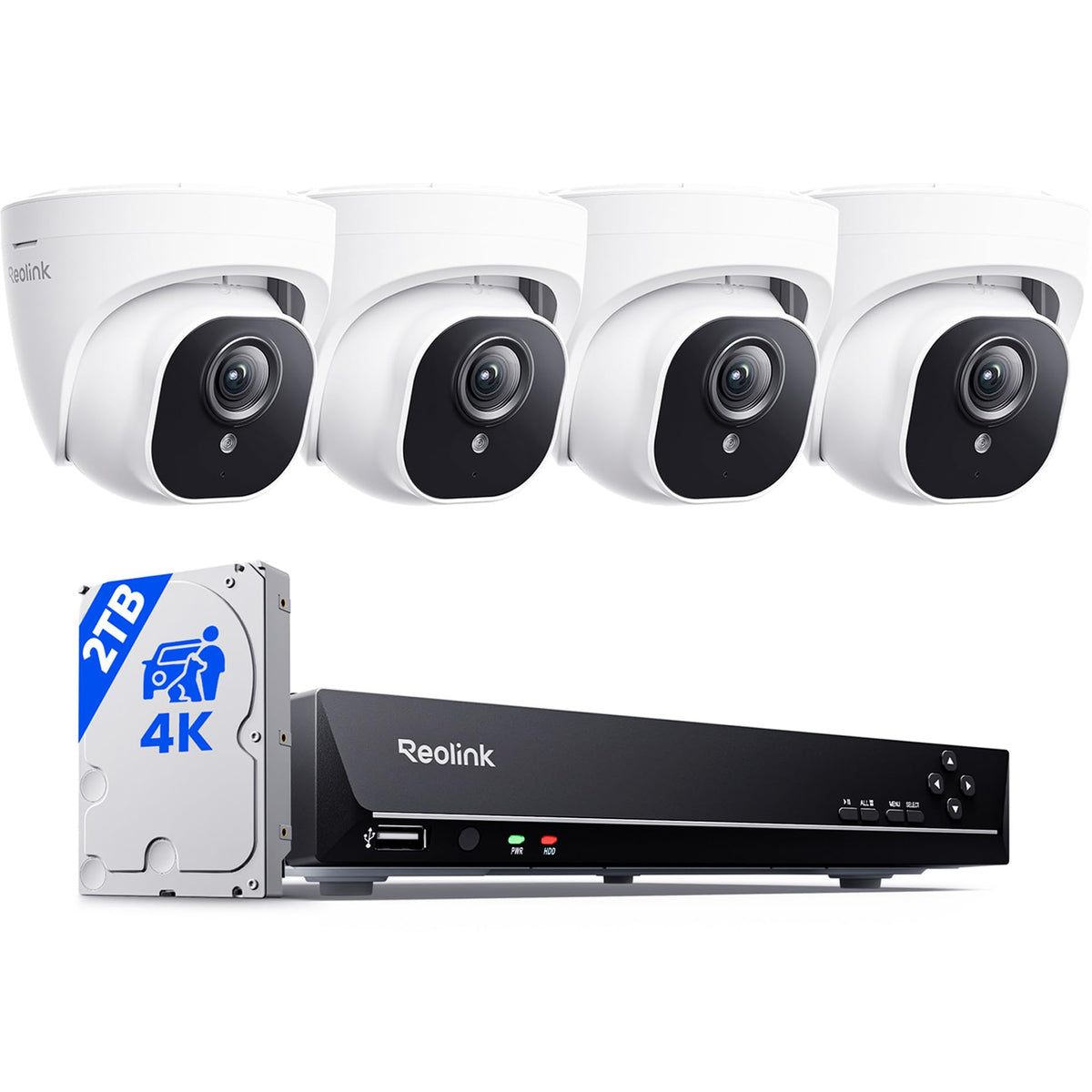 REOLINK 4K Security Camera System, 4pcs H.265 PoE Wired Turret Cameras with Person Vehicle Detection, 4K/8MP 8CH NVR with 2TB HDD for 24-7 Recording, RLK8-800D4