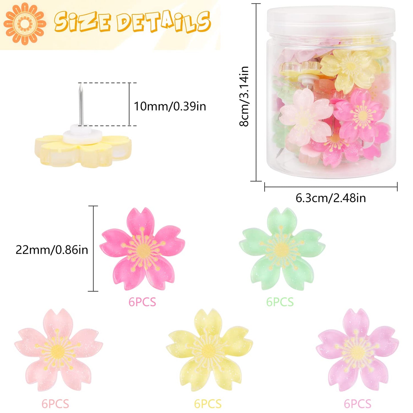 MIKIMIQI 30 Pcs Flowers Push Pins, Resin Cherry Blossom Push Pins Decorative Floral Thumb Tacks Cork Board Thumbtacks for Bulletin Board Photos Wall Pins Office Supplies