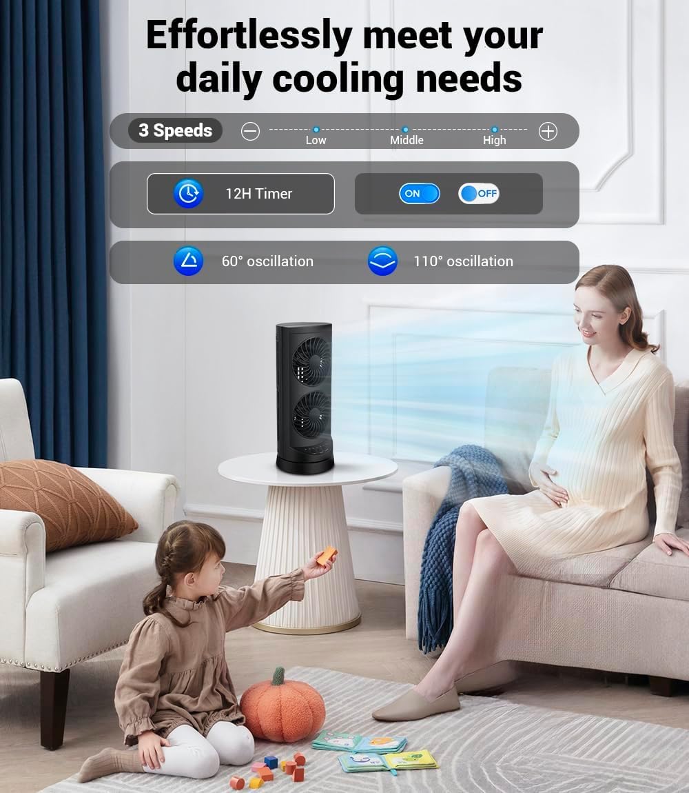 Personal Tower Cooling Fans that Blow Cold Air, Standing Small Desk Fan with 3 Speeds & Timer, 60° & 110° Oscillating Table Fan, Quiet and Safe Electric Floor Fan for Bedroom, Bedside, Home, Office