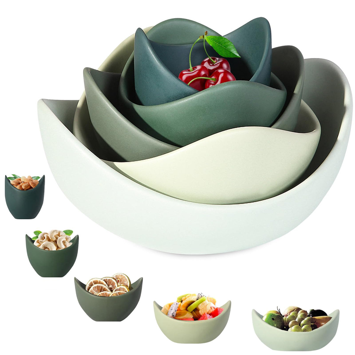 Notakia Salad Decorative Bowls Lotus Shaped Pasta Bowls Dishwasher Safe, Unique Angled Ceramic Bowls for Salad, Pasta, Soup, Rice, Prep, Ideal for Restaurant (Green)